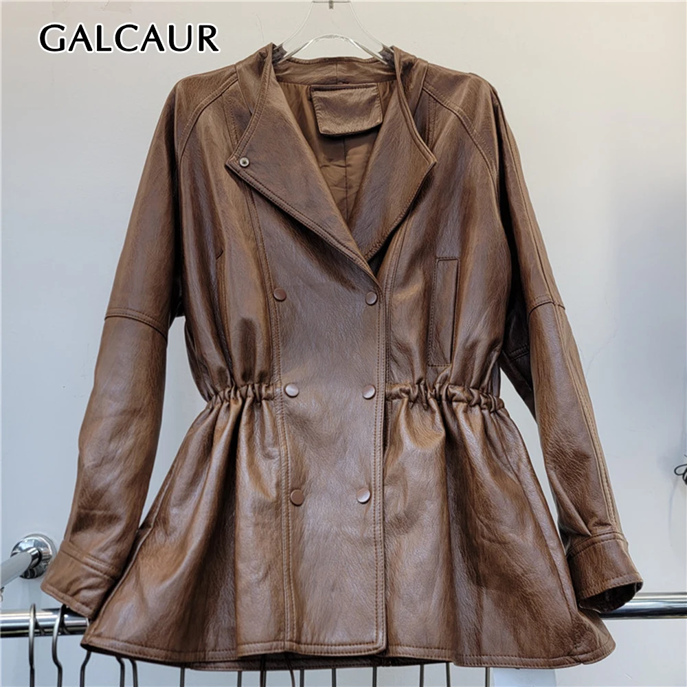 GALCAUR Button Spliced Pocket Loose Jacket for Women Lapel Collar Long Sleeve Patchwork Lace Up Casual Jackets Female Fashion