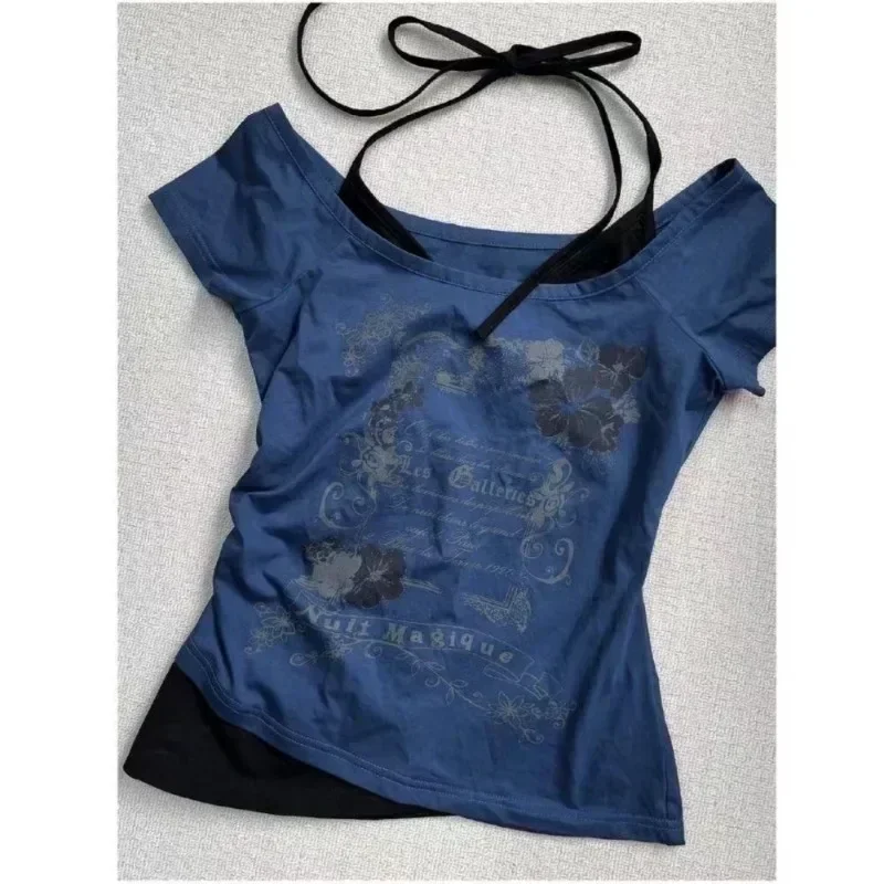 Sommer Gefälschte Zwei Stücke Halter Bandage Vintage T-shirts Y2k Ästhetischen Schlank Crop Tops Frauen Grunge Print Harajuku Casual Sexy T