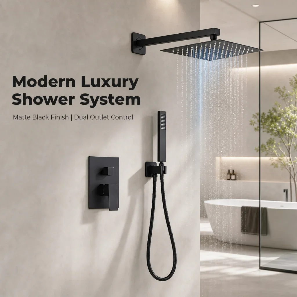 Matte Black Square in Wall Shower Set 10 Inch Top Spray Handheld Concealed Bathroom Brass Shower Head Set