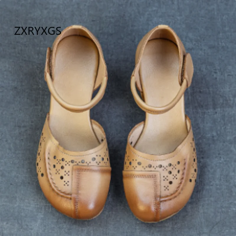 ZXRYXGS Temperament Elegant Premium Genuine Leather Sandals New 2026 Summer High Heel Sandals Round Toe Women Stylish Sandals