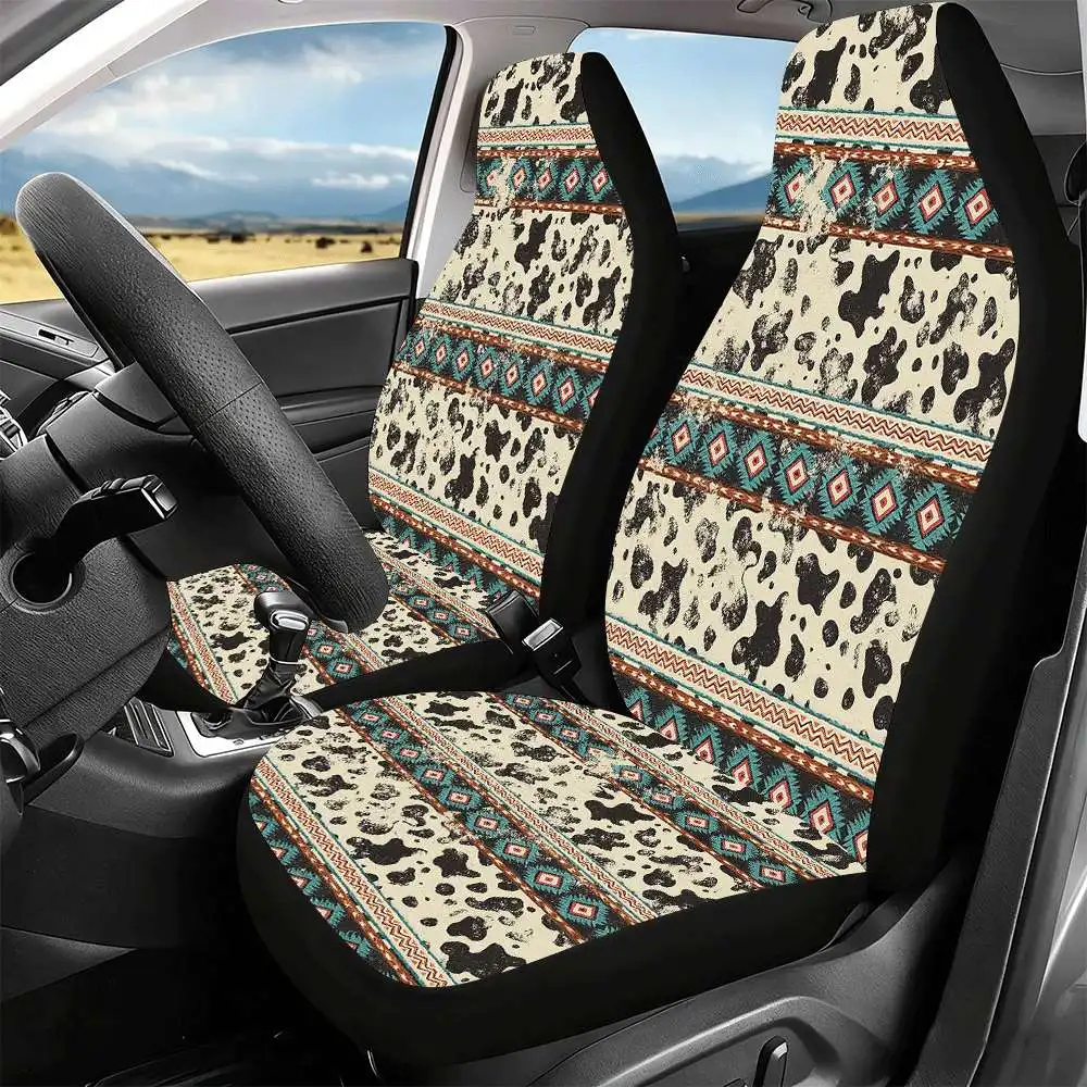 2pcs Western Cow Print Aztec Pattern Car Seat Covers Suitable For Front Seats, High Back Design, Material, Suitable For Cars, SU