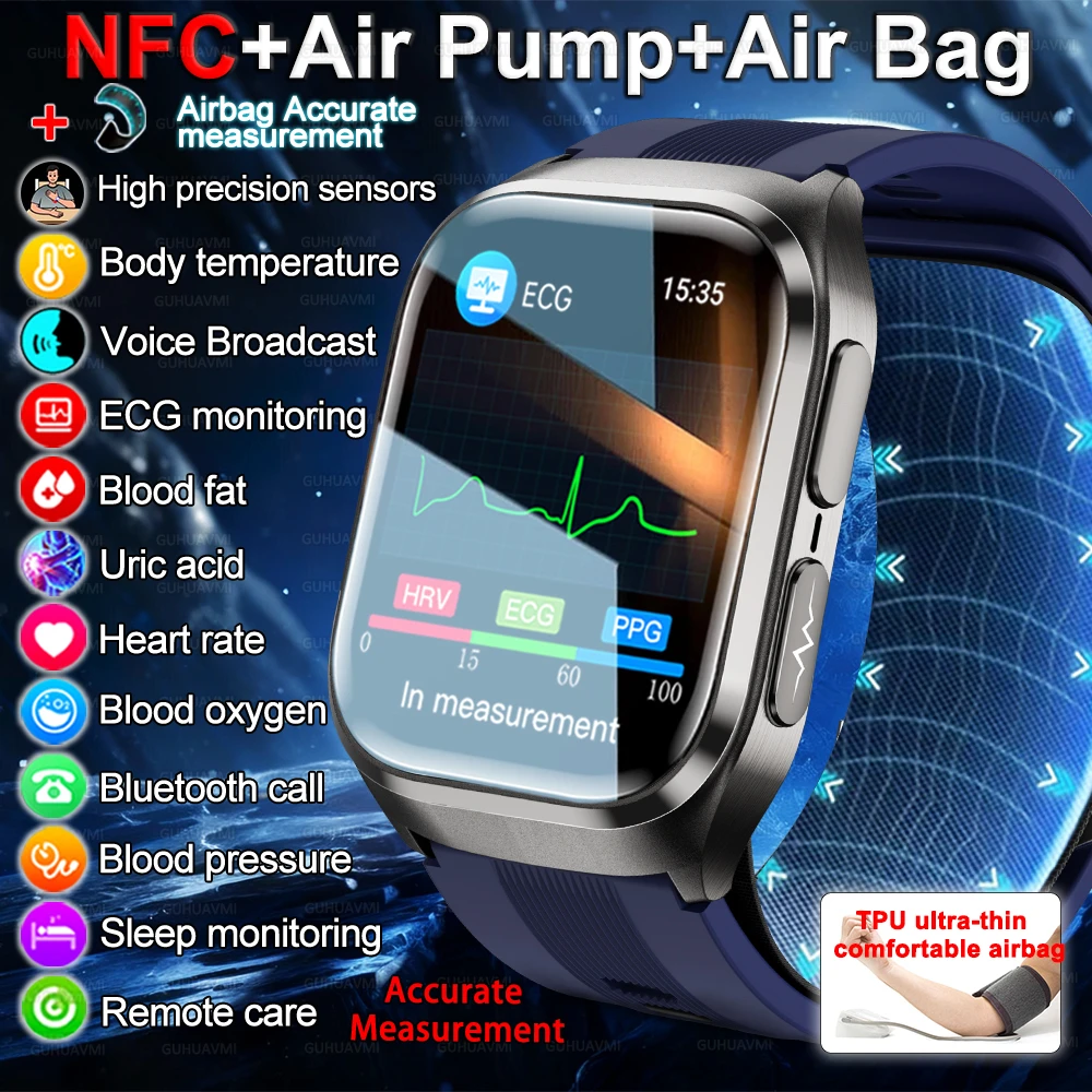 New Air Pump Blood Pressure Accurate Measure Smart Watches Men Micro Physical Examination Fitness Sports Airbag SmartWatch 2025