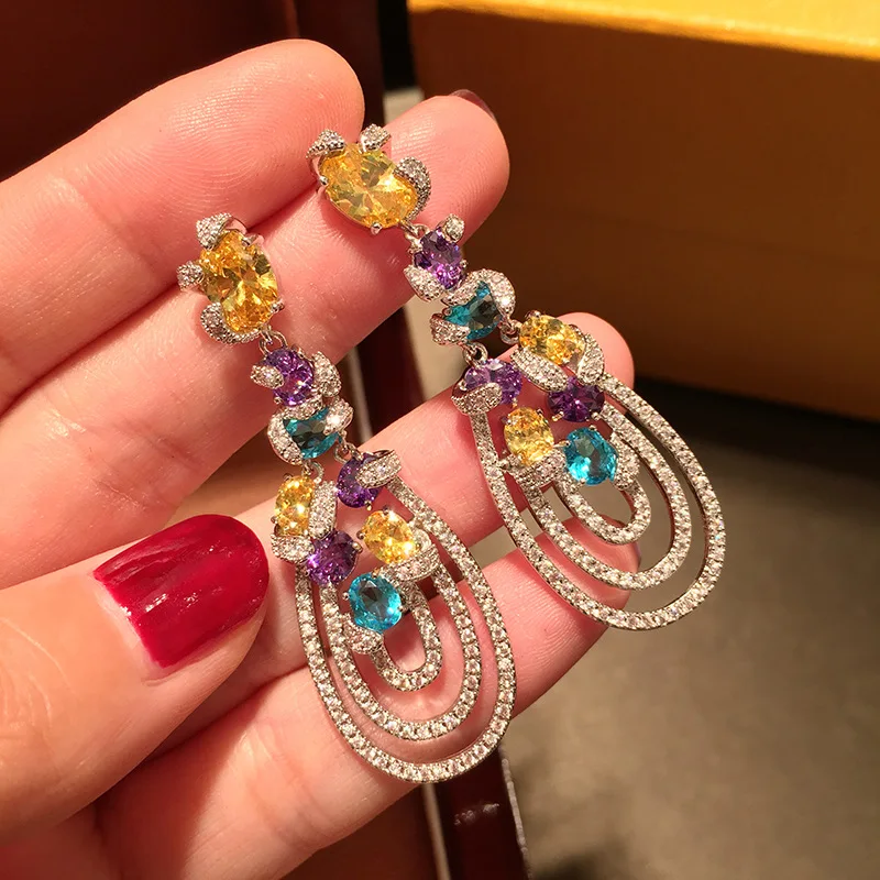 Color zircon fringed silver earrings long water drop dinner earrings silver needle stud earrings women