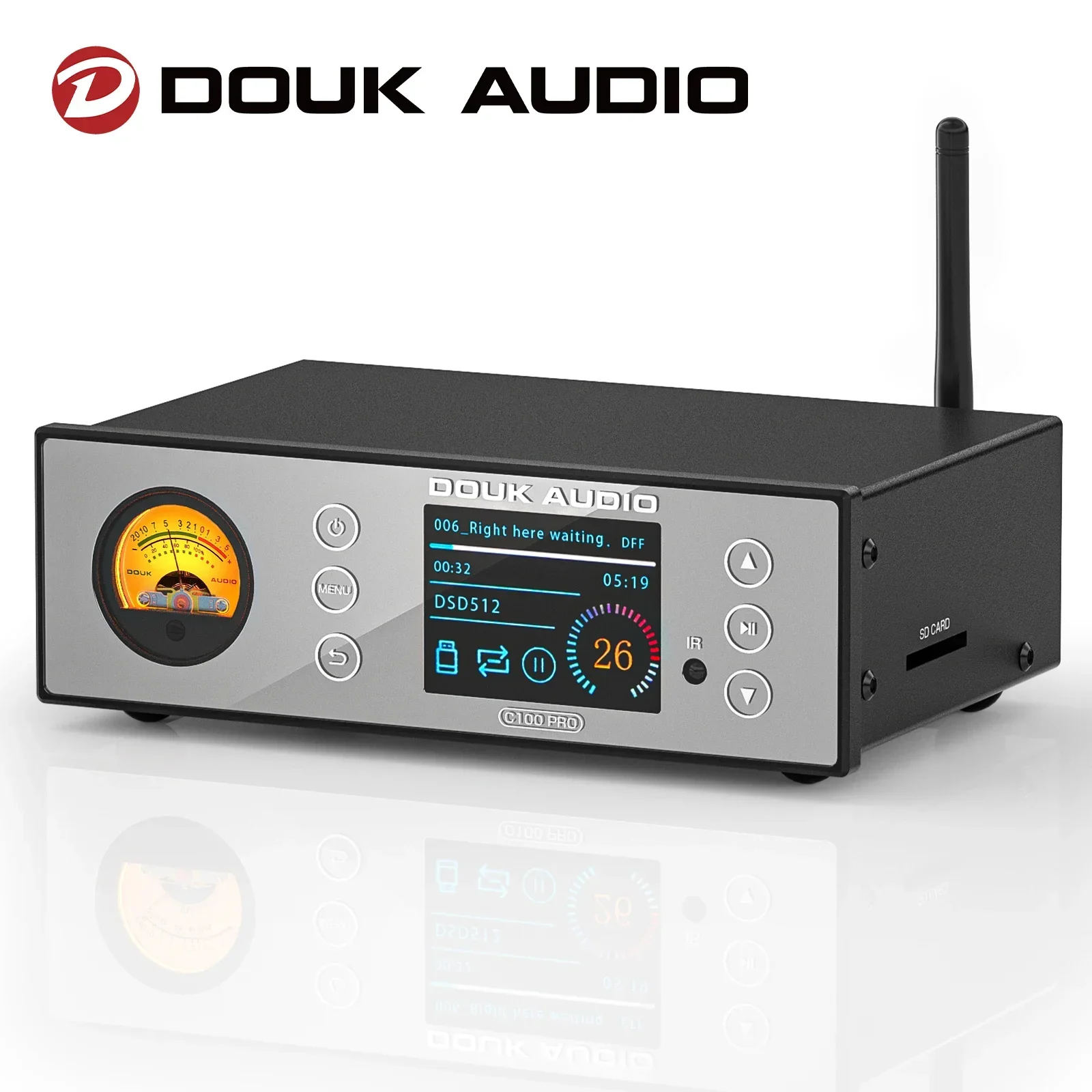 Douk Audio C100 PRO HiFi Bluetooth 5.0 Digital ESS9038 Preamp OLED Display Streamer USB Player DSD512 with VU Meter