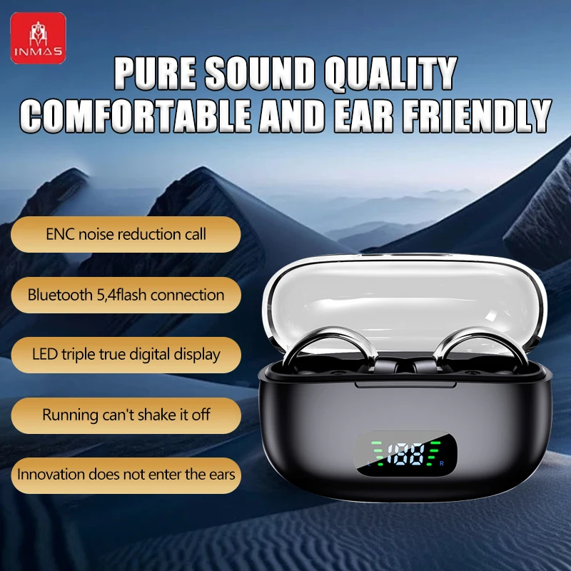 

INMAS Wireless S39 Ear Clip Headphones TWS Bluetooth Sports Earphones LED Digital Display Earbud Running Headset for Android IOS