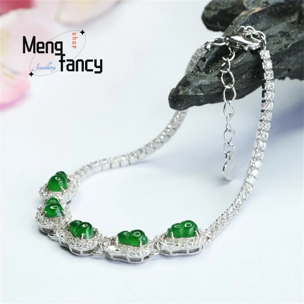 

S925 Silver With Natural Jadeite Gourd Ice Type Imperial Green Bracelet Exquisite Elegant Simple High-grade Fashion Fine Jewelry