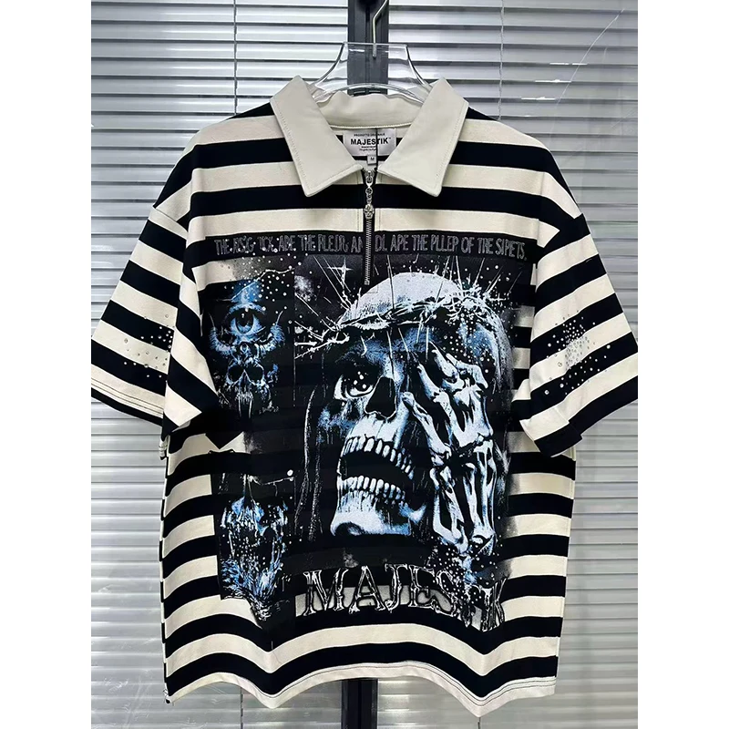 Y2K Streetwear Oversized Half Zip Polo Shirts Men Colorful Shinning Diamon Graffiti Print Loose Fit Hip Hop Casual Tshirt Tee