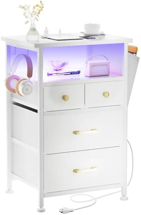 Nightstand branco com estação de carregamento LED Night Stand, mesa de cabeceira