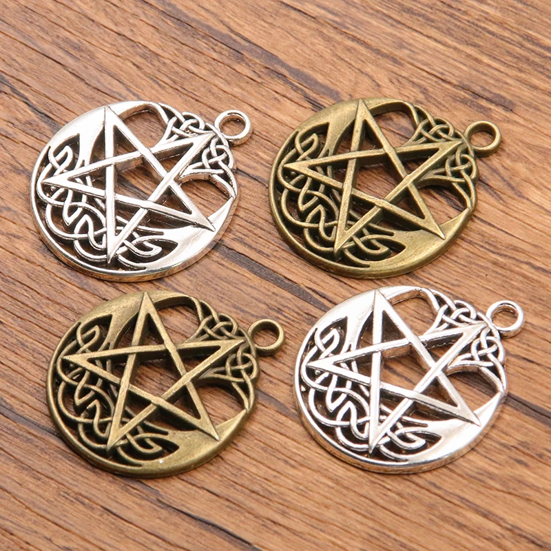 4PCS 30X35mm 2 Color Wholesale Metal Alloy Hollow Round Pentagram Charms Star Pendant For Jewelry Making DIY Handmade Craft