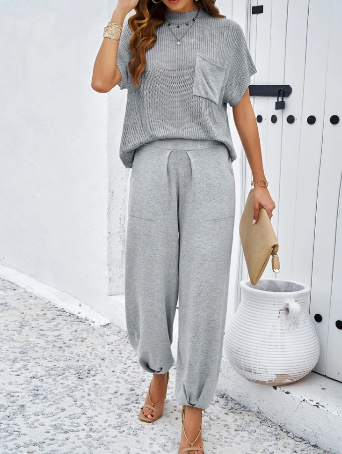 Fashionable Summer New Two-Piece Set Casual Solid Color Woolen Pants Set Elegant Commuting Two-Piece Set for Women
