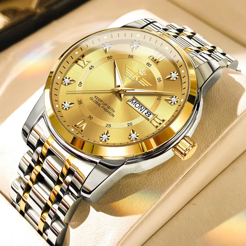 Montre-bracelet étanche de luxe pour hommes, acier inoxydable, montre à quartz, horloge masculine, date, semaine, affaires, mode, nouveau, 2024