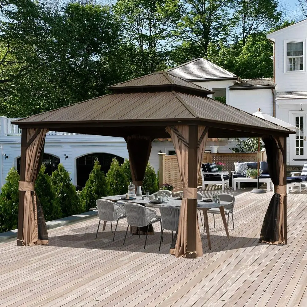 

12' x 12' Outdoor Metal Gazebo with Galvanized Steel Roof, Heavy-Duty Curtains and Netting, Perfect for Backyard or Garden.