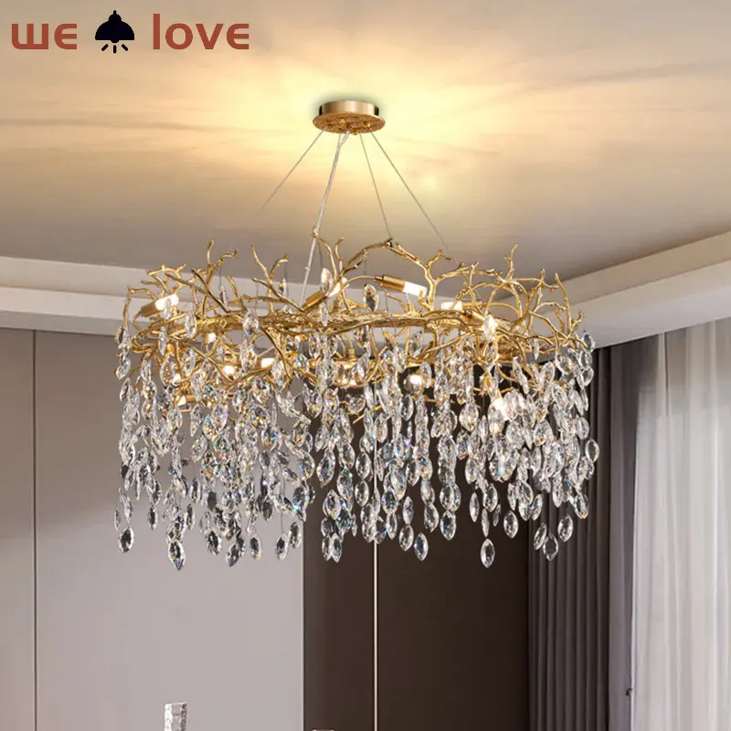 

Chrome Crystal Led Chandelier Gold Lustre Round Tree Branch Chandelier Lighting Long Dining Room Lamp Living Room Home Decor