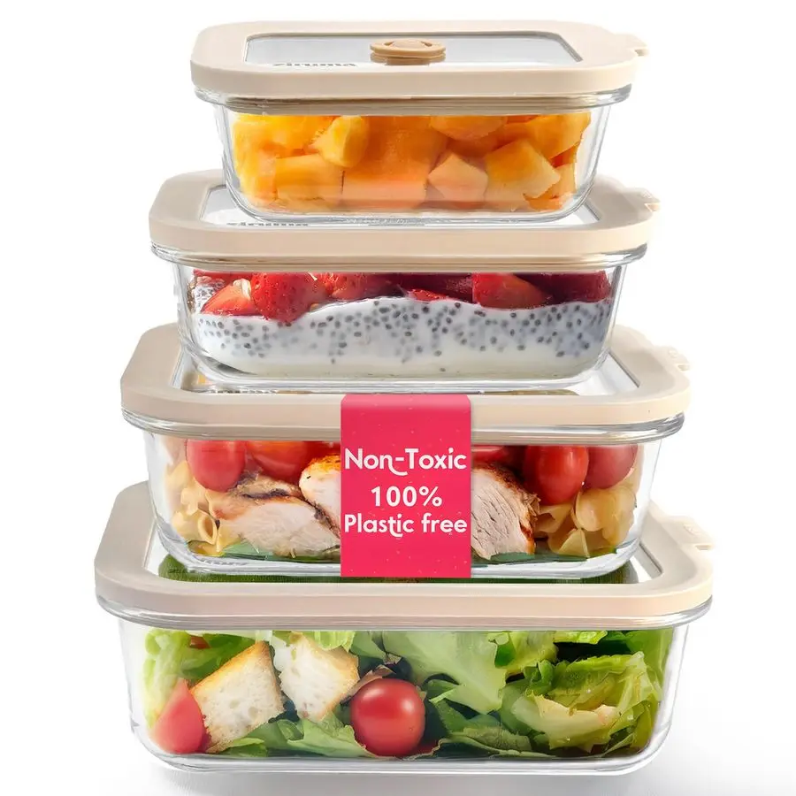 

NonToxic 4 Pack Glass Food Storage Containers With Lids Plastic Free, Airtight Meal Prep Containers, MultiSize 12, 21, 35, 50 Oz