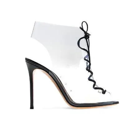 

New Black Red Black Transparent PVC Peep Toe Cross Tied Lace Up Slingback High Heel Ankle Sandals Boots Women Short Booties Shoe