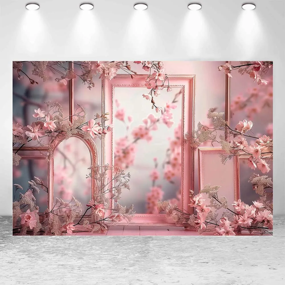 Mocsicka Backdrops for Photography Pink Mirror Frame Flower Women Girl Vintage Art Photo Background Photo Studio Photocall Props