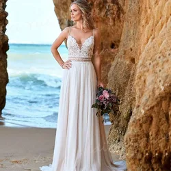 2025 Boho Uma Linha Vestidos de Noiva Femininos Apliques de Renda Vestidos de Noiva Personalizados Charmosas Alças de Espaguete Praia فستان ف فIjات