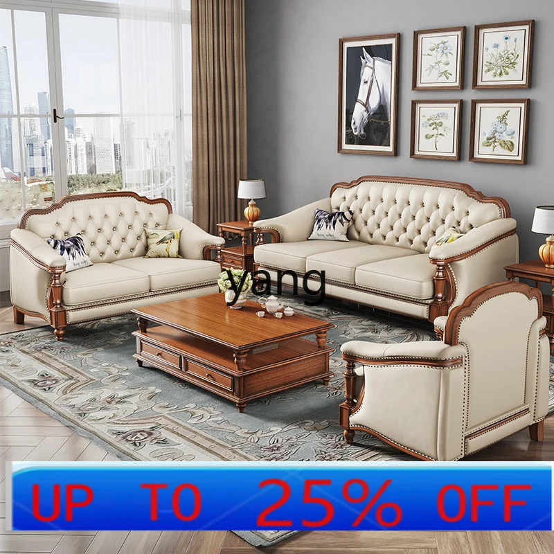 

LMM retro solid wood leather sofa first layer cowhide combination living room furniture pastoral