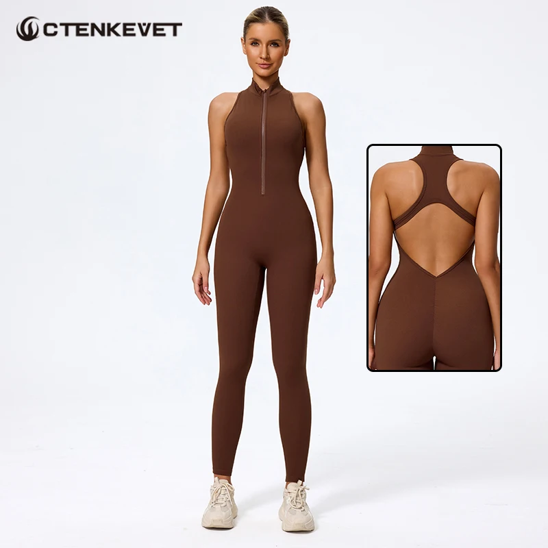 

Ctenkevet женская одежда для йоги без рукавов на молнии женский комбинезон с высоким воротником и V-образной спинкой для спортзала быстросохнущий комбинезон пуш-ап женская спортивная одежда