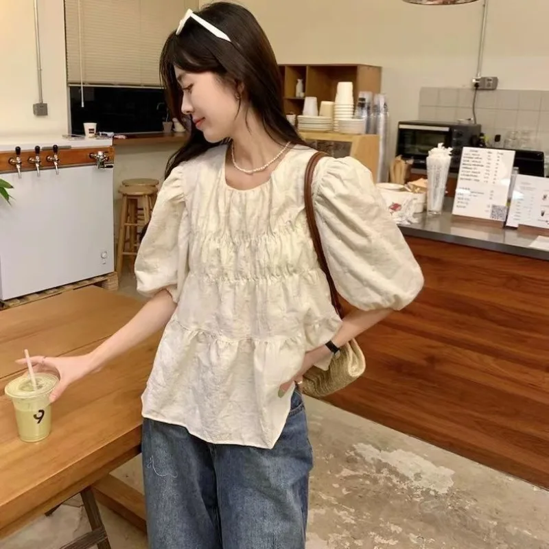 Folds Shirts and Blouses Korea O-neck Fashion Woman Blouse 2024 Puff Short Sleeve Ruffles Ladies Top Female Solid Clothes New