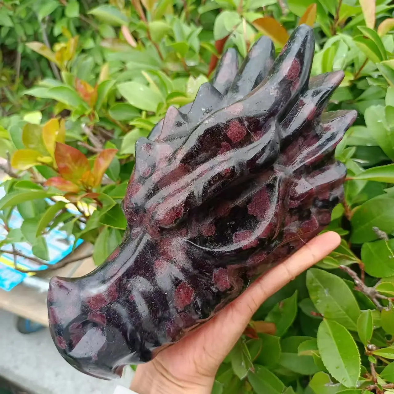 Natural Garnet Dragon Skull, Quartz Crystal Garnet Carved Dragon Head, Mineral Reiki Healing Stone, Degaussing Dragon