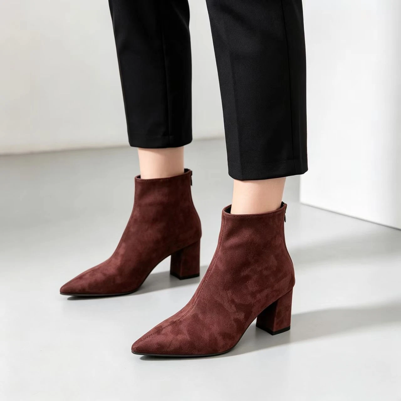Short Boots, Single Boots, Chunky Heels, Mid Heels, Ankle Boots, Pointed Toe, Nude Boots