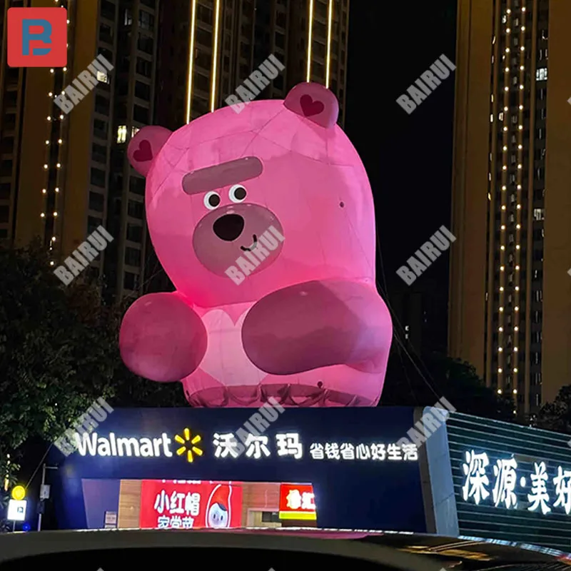 Modelo inflável de urso rosa fofo escalar na parede fora da fachada da parede do shopping mercado panorâmico adereços de iluminação romântica