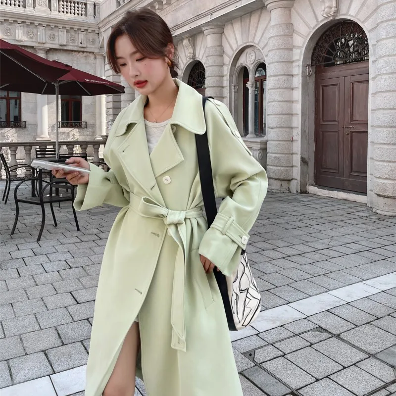 

Women Green Trench Coat Long Sleeve Belted Loose Fit Outerwears 2025 New Autumn Fashion Street Travel Leisure Lady Tops