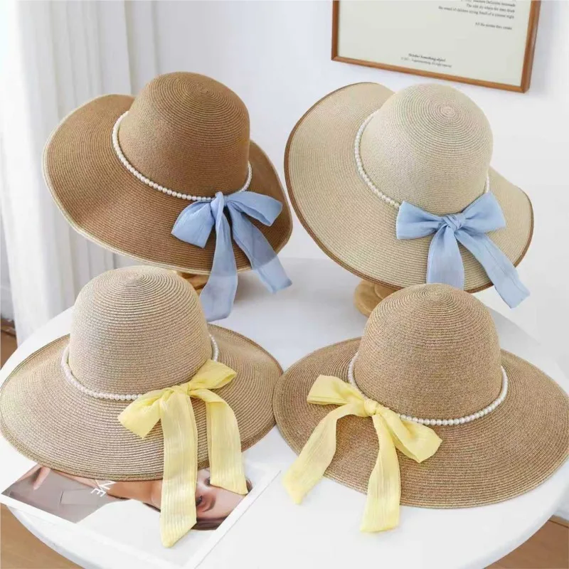 New pearl chain ribbon fisherman's hat elegant and versatile for women sunshade basin vacation trend