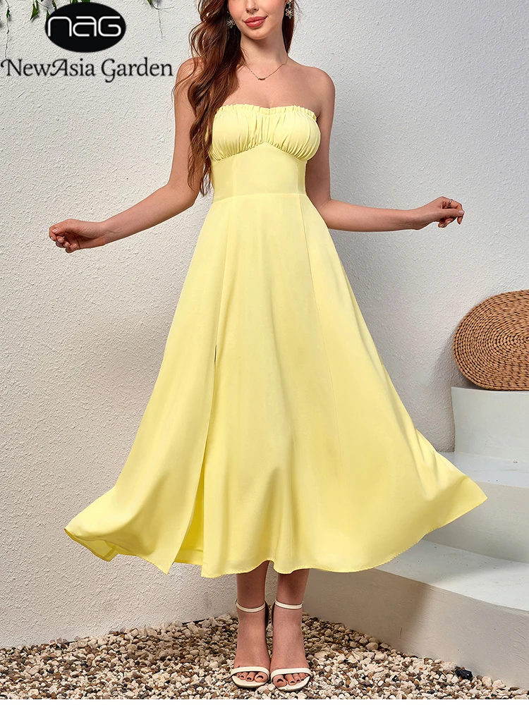 NewAsia Strapless Ruched Chiffon Midi Dress Double Layer Backless Casual Party Holiday Long Dresses Yellow for Women