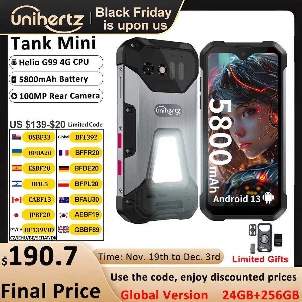 

Unihertz 8849 Tank Mini Прочный смартфон с дисплеем 4,3 дюйма, Android 13 Helio G99, восьмиядерный процессор, 5800 мАч, 100 МП, камеры, 24 ГБ, 256 ГБ, IP68