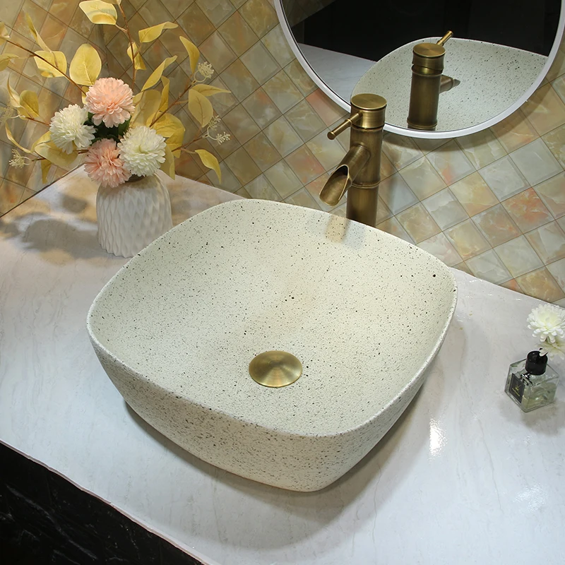 

Light luxury square table basin wash ceramic household cream wind wash round art bathroom wash