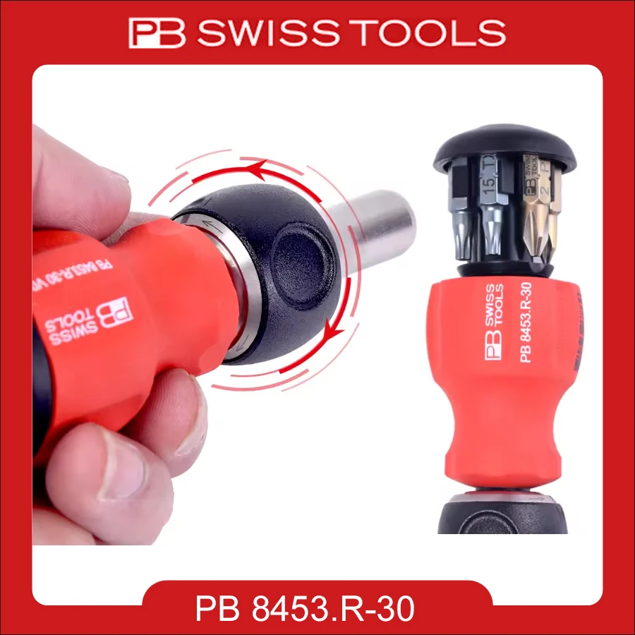 pb-swiss-tools-pb-8453-r-30-6-in-1-stubby-ratchet-screwdriver-with-6-precision-bits-multibit-manual-hand-tool