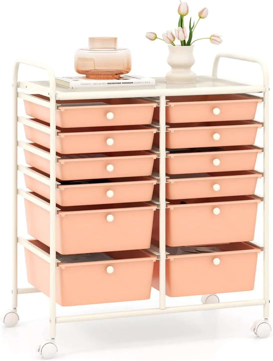 Multipurpose 12 Drawer Rolling Organizer Cart Plastic Utility Mobile Storage 2 Different Size Lockable Casters Home School Offic