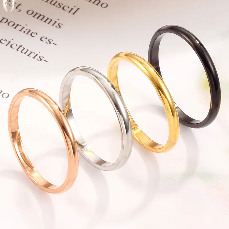 Pack of 4 2mm Small Mini Girl Women Rings Black Rose Gold Color Stainless Steel Simple Fashion Jewelry size 3 4 5 6 7 8 9 10