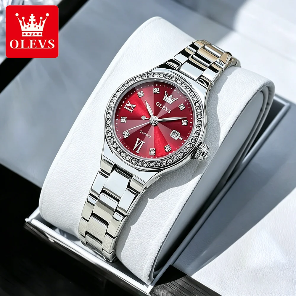 OLEVS Women's Watches Luxury Fashion Rhombus Mirror Zircon Bezel Stainless Steel Original Quartz Wristwatch Waterproof Luminous