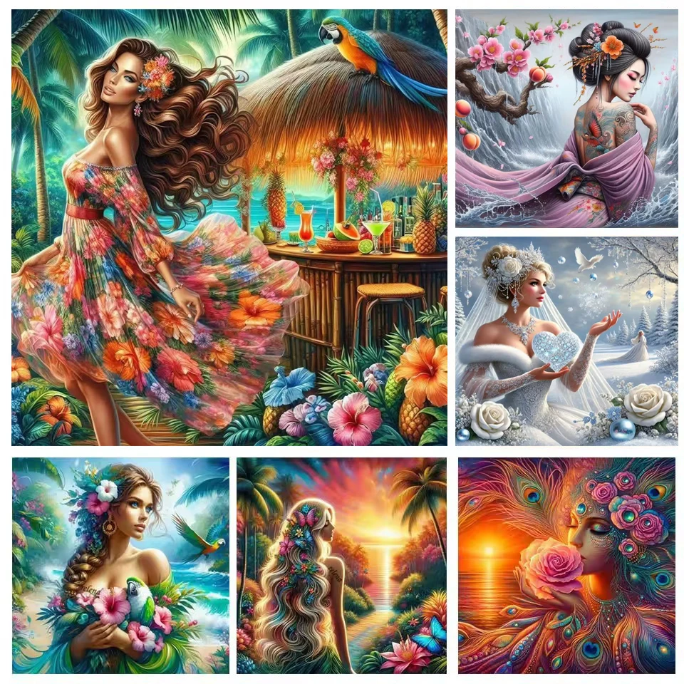 Beautiful Flowers Woman Beauty Parrot Landscape Diy Diamond Painting Full Square Round Diamond Mosaic Cross Stitch Home Decor