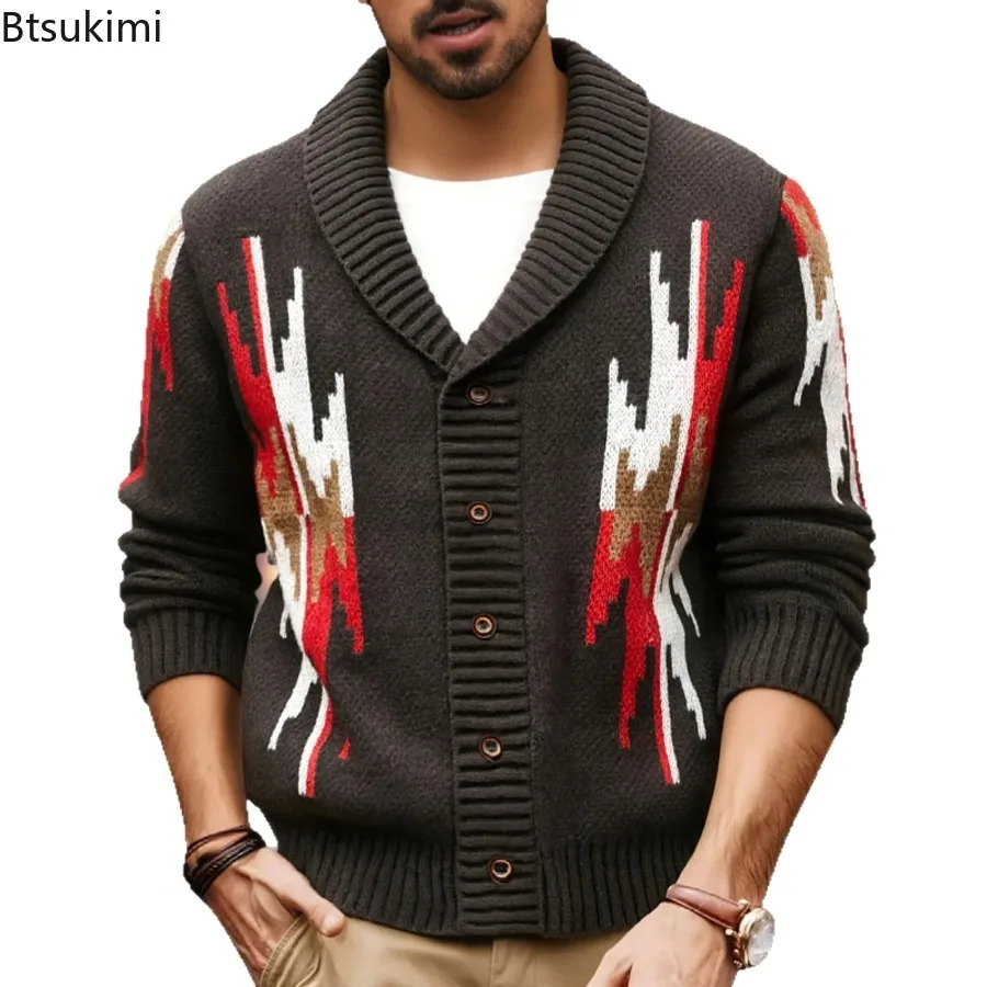 Vintage الجاكار الرجال طويلة الأكمام محبوك البلوزات جديد الخريف الشتاء التلبيب طوق سترة سترة رجل معاطف معطف شتاء غير رسمي #2