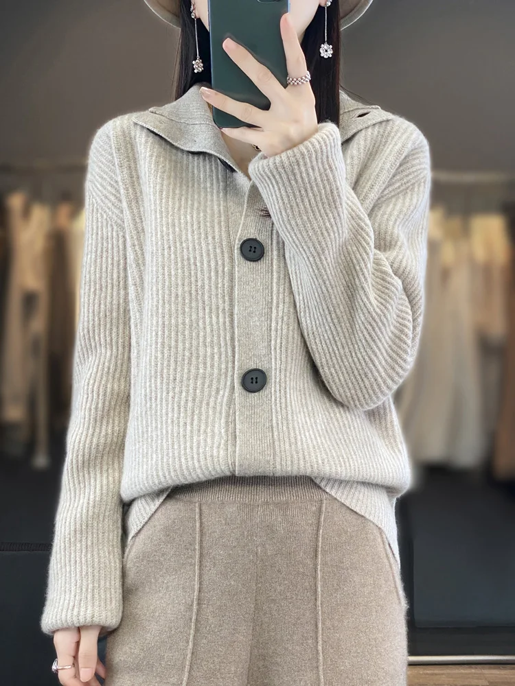 Thick Women Turtleneck Wool Cardigan Casual Loose Solid Sweater Autumn Winter 100% Merino Wool Knitwear Korean Coat Clothing