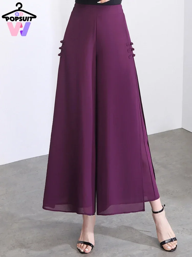 New In Women Pant Casual Elegant Solid Chiffon High Waist Bow-knot Side Split Ladies Ankle-Length Pantalones Over-sized Trousers