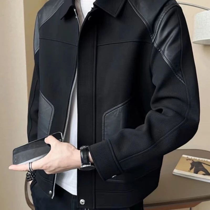 

PU Leather Splicing Jacket Jacket Men's Trendy Brand Trendy Luxury Knitted Top