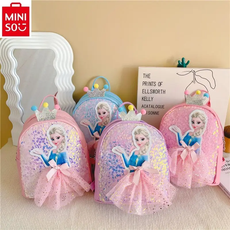 

MINISO 2024 new cartoon Elsa princess 3D sequined dress bow backpack lightweight and sweet children's backpack