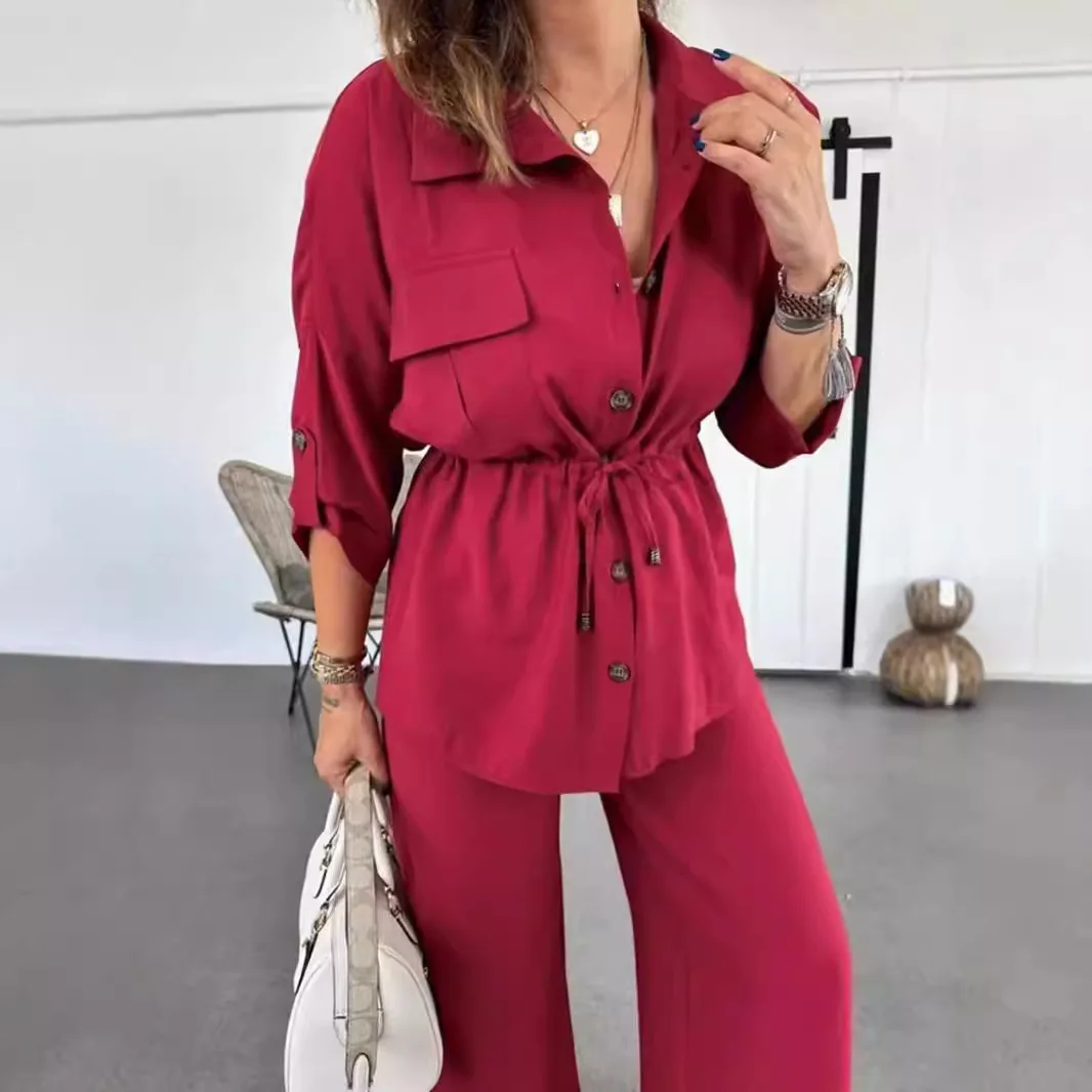 

2024 Women's Autumn Fashion Loose Casual Solid Color Drawstring Patch Bag Button Set