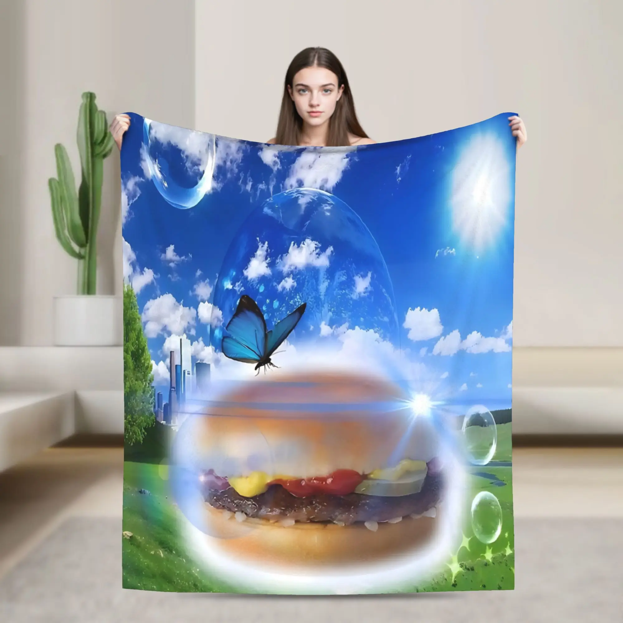 Frutiger Aero Burger and Butterfly Blanket Flannel  Super Warm Throw Blanket for Bed Bed Rug