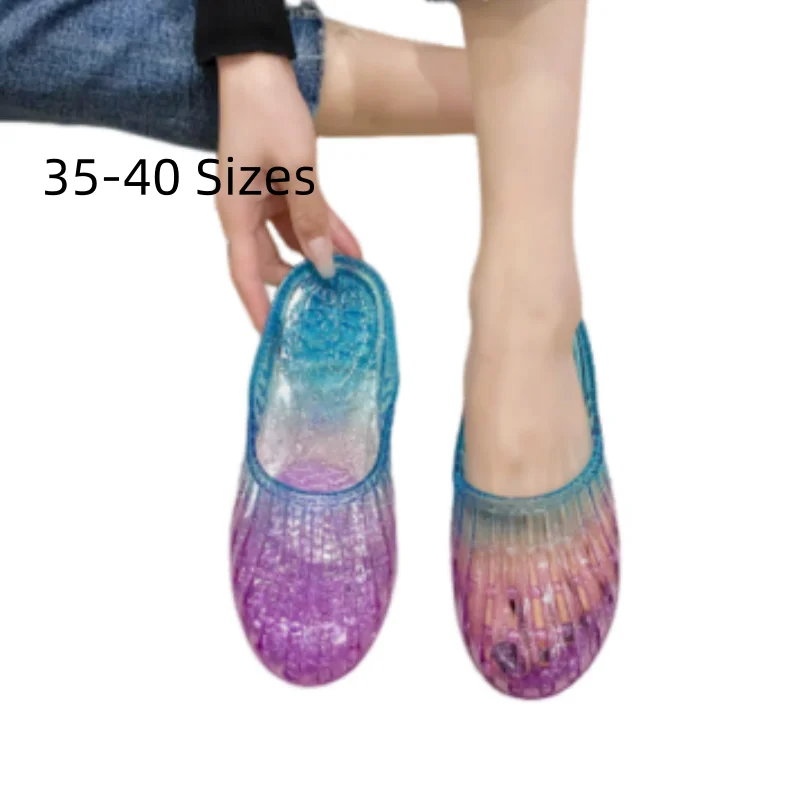 Female PVC Mules Sandals Transparent Summer Anti-Skip Slides Round Tip Dazzling Summer Slippers Outdoor Walking Heel Shoes 40 35