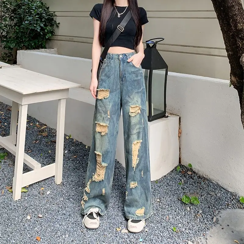 American Streetwear Ripped Jeans Men Splash Ink Destroyed Denim Pants Summer Thin High Waist Slim Fit Hop Trousers