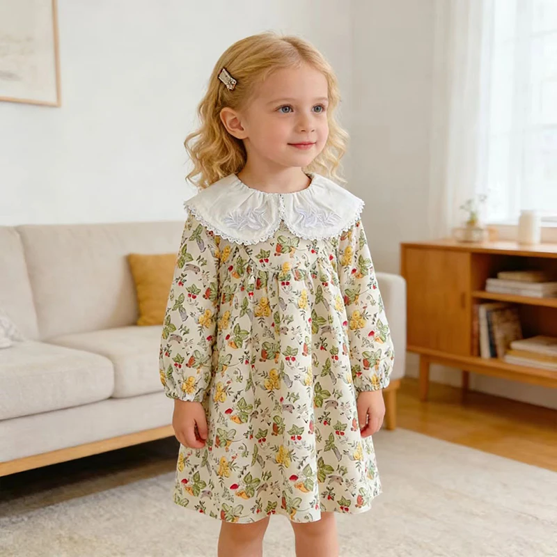 2026 Neue Frühjahrskollektion 2-6 Jahre Kinder Peter-Pan-Kragen Kleidung Mädchen Partykleid Spitze Kinder Langarm Baumwolle Bedrucktes Prinzessinnenkleid