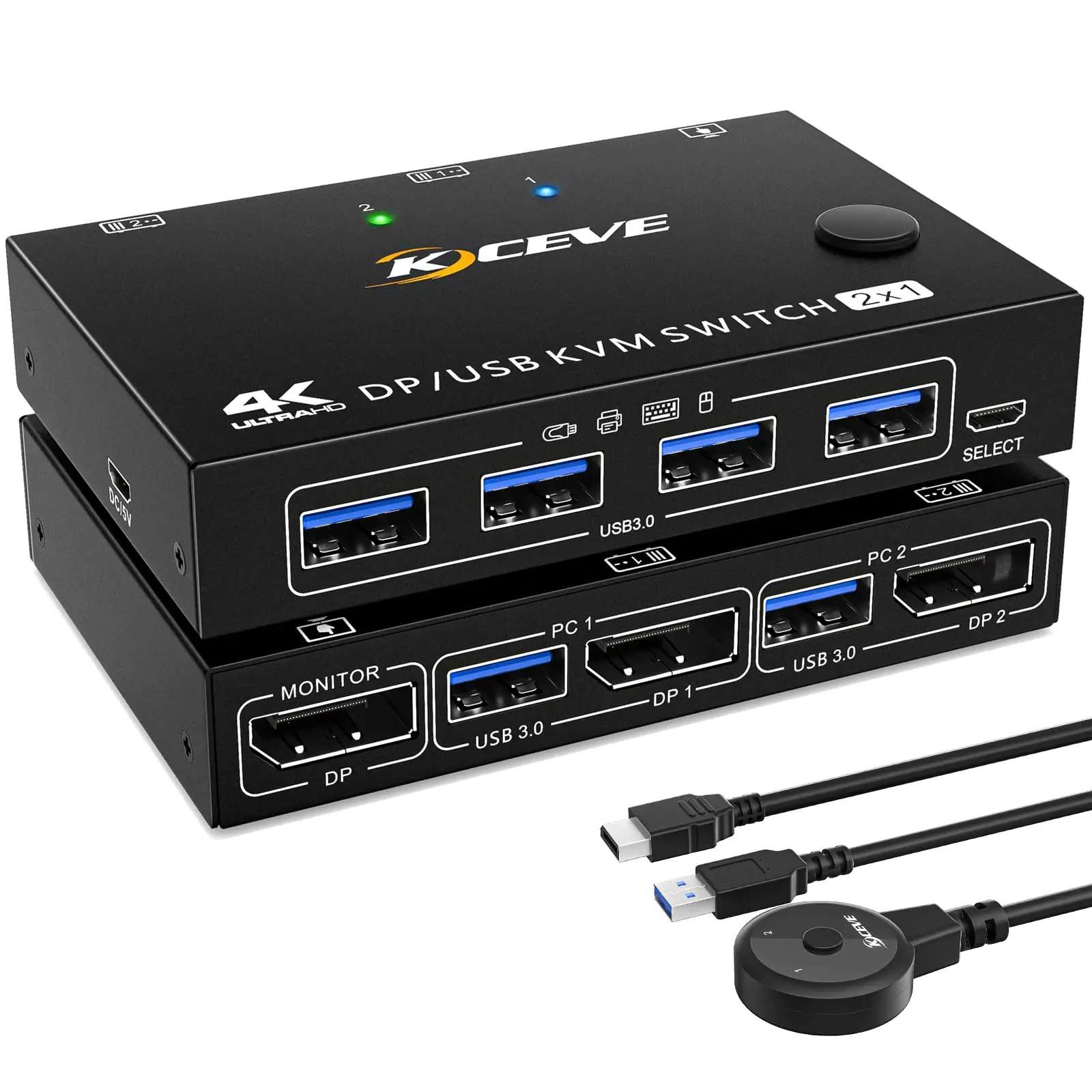 

KCEVE USB 3.0 KVM Switch HDMI 3440x1440@144Hz,3840x2160@60Hz 2 In 1 Monitor to Share 4 USB 3.0 Devices Out Switcher Controls