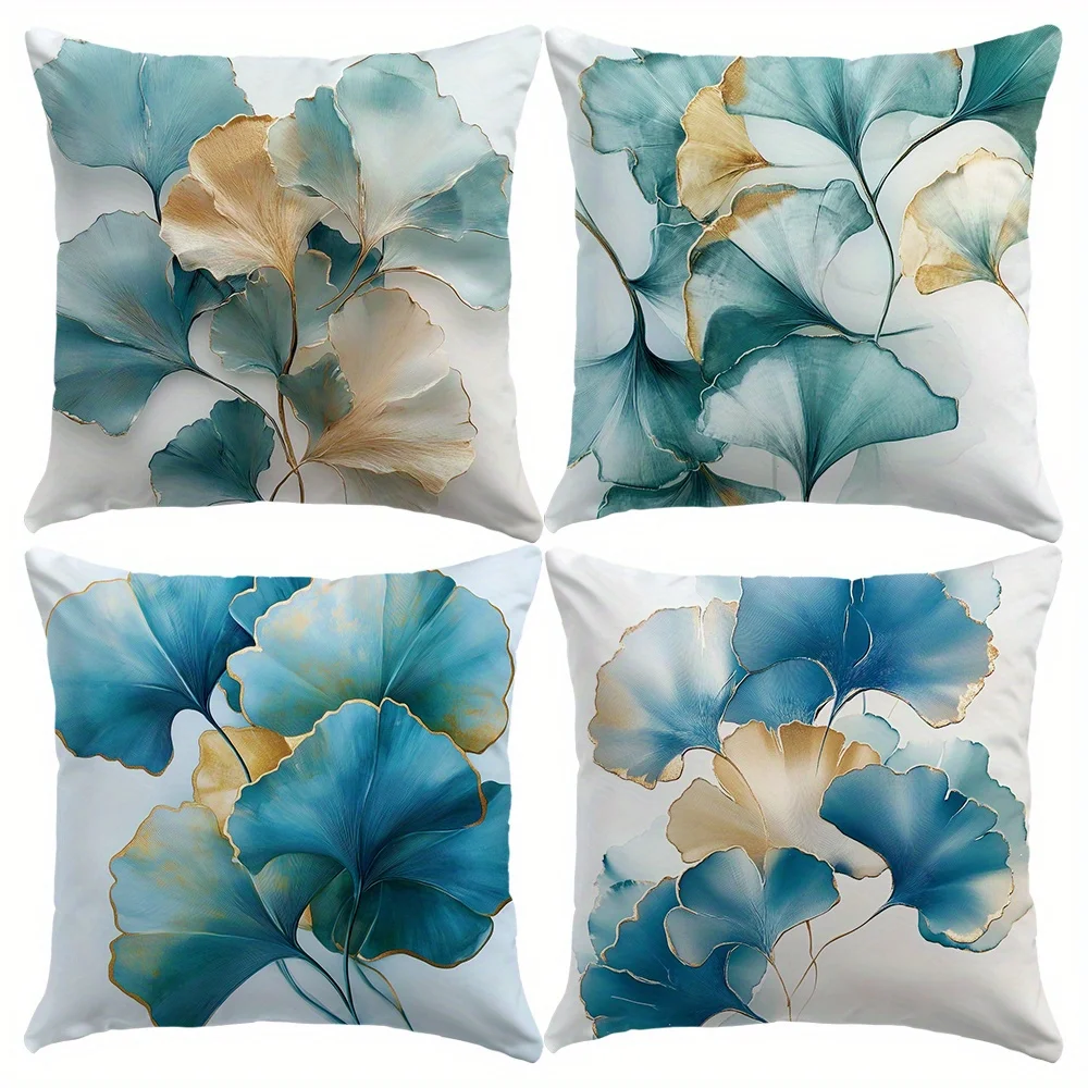 4-piece Polyester Ginkgo Leaf Pillowcase Set, Blue and Gold Mix, Suitable for Living Room Sofa and Bed, Ideal for Summer and All