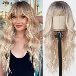 Long Wavy Wigs Blonde Wigs With Bangs For Women Platinum Stripe Highlight Long Curly Wavy Wig With Dark Roots Synthetic Hair Wig